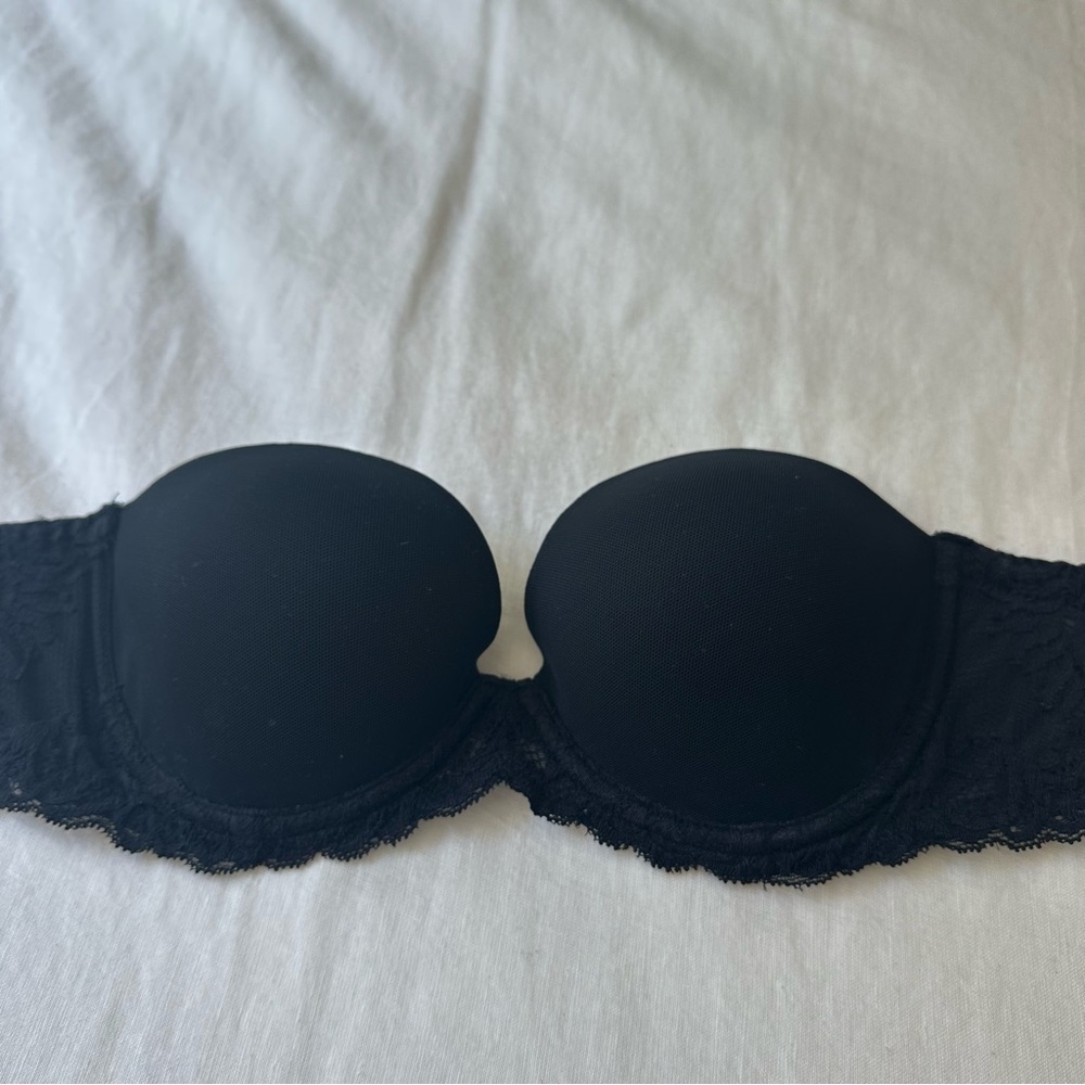 Natori Feathers Underwire Strapless Plunge Black Lace Bra